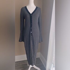 NWT Black/White Stripe Stretchy Ribbed Button Down Sweater Dress M